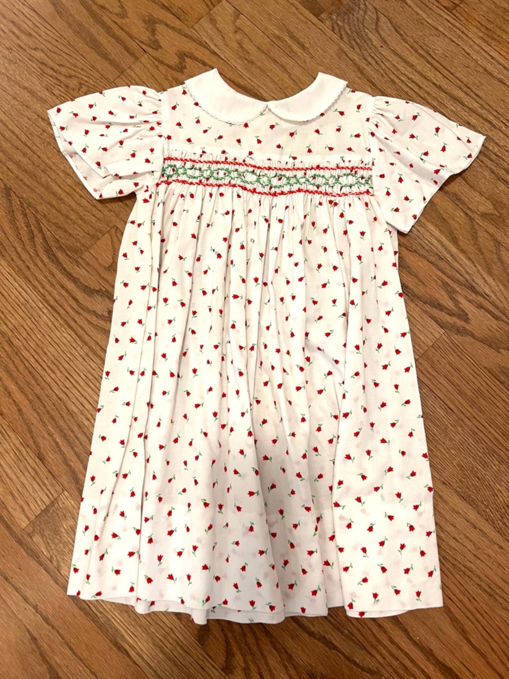White & Red Smocked Kids Dress with Peter Pan Collar